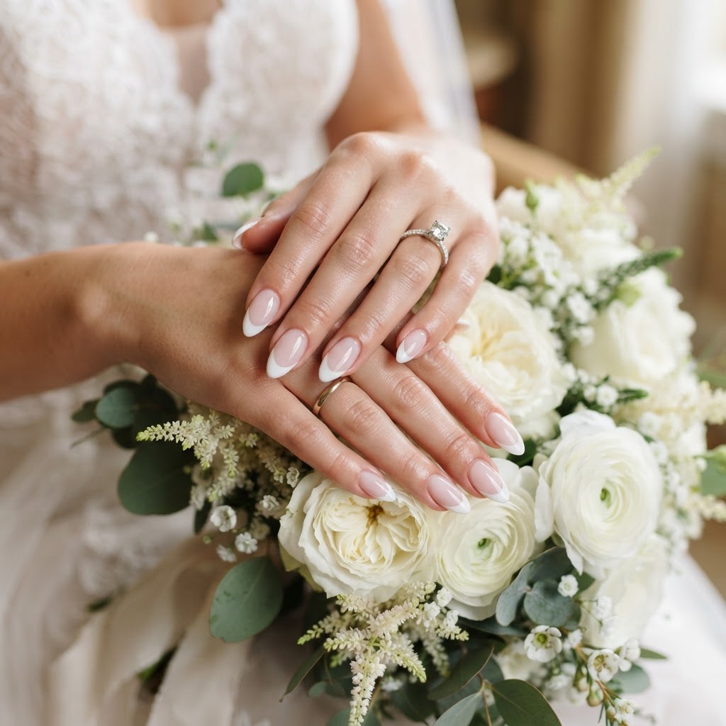 Elegant almond French tip nails perfect for a wedding look.