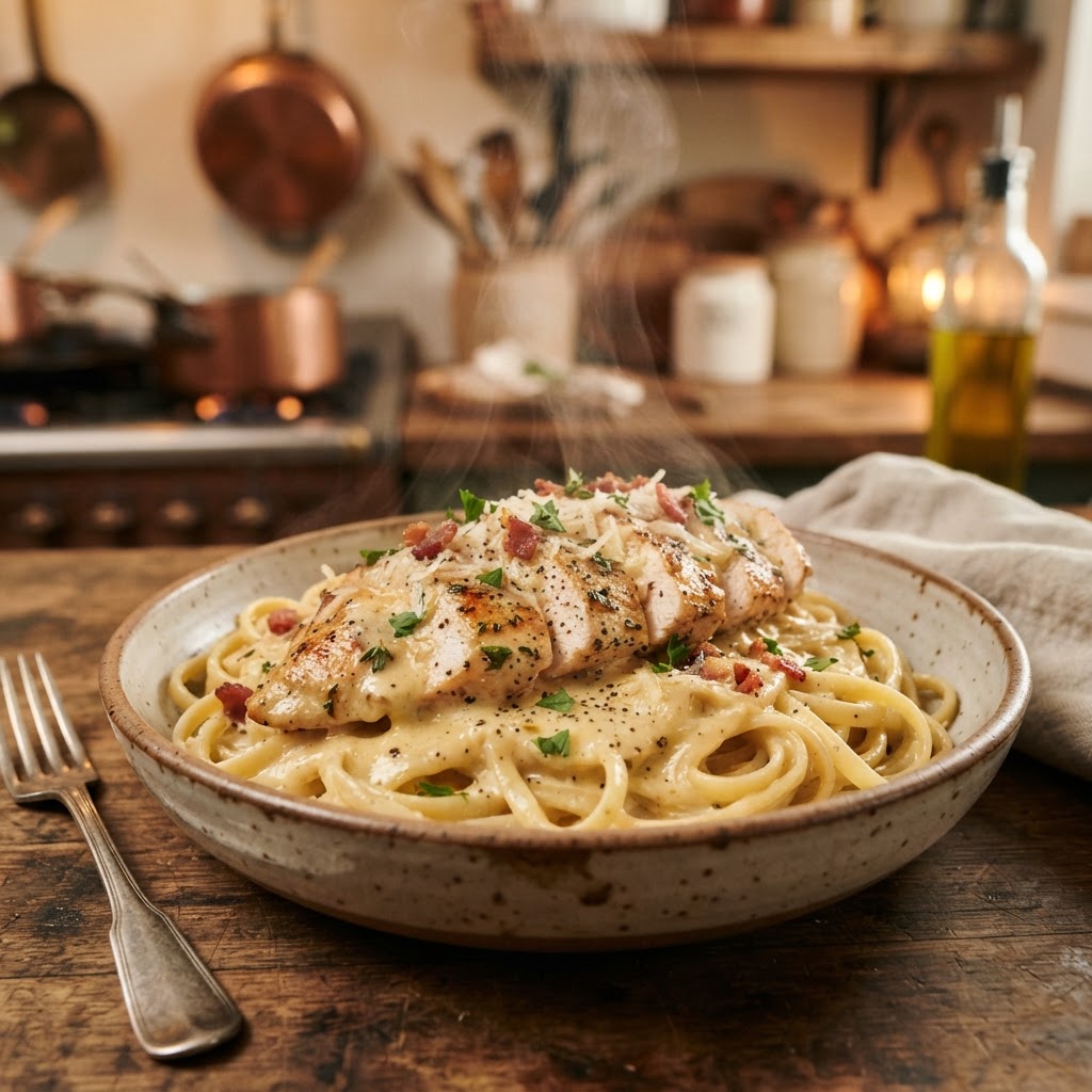 A serving of the creamy garlic parmesan chicken plated over a bed of al dente pasta.