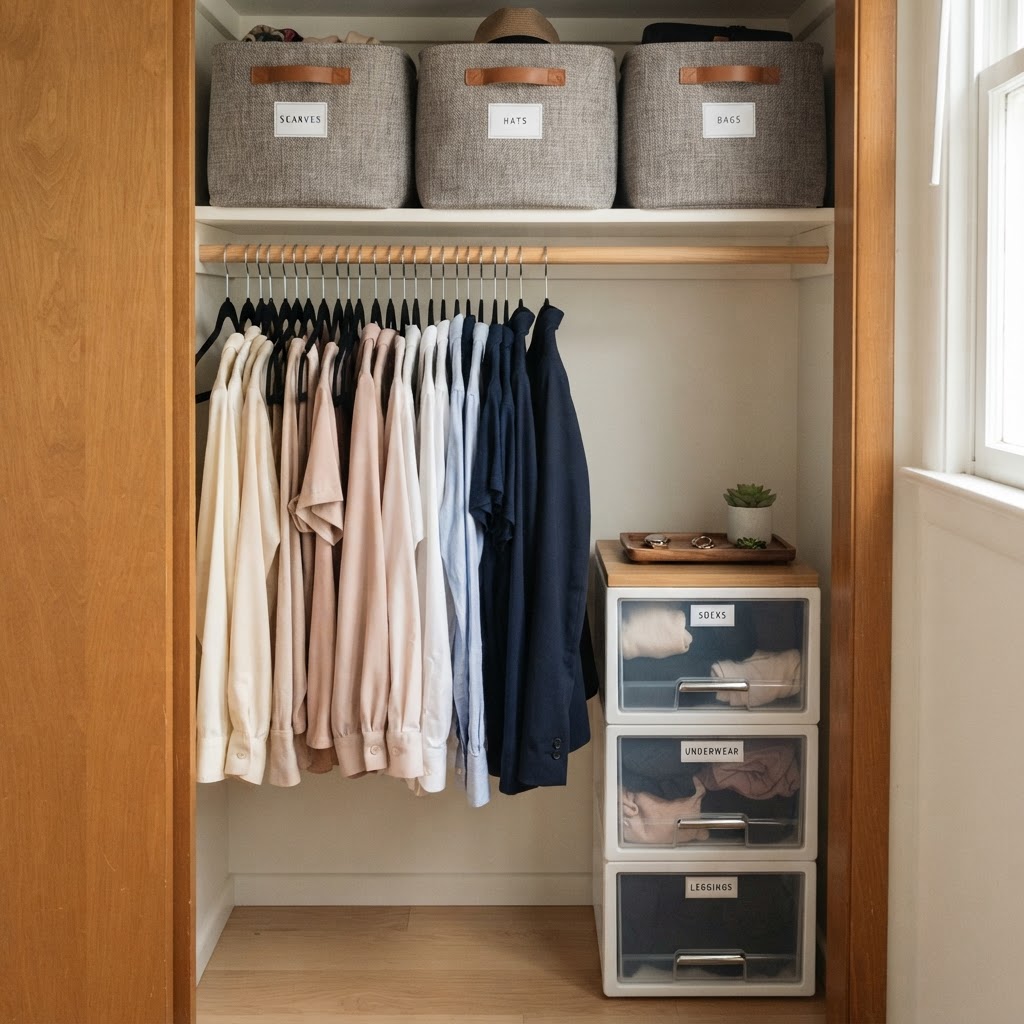 Organize your small closet like a pro with slim hangers and storage bins.