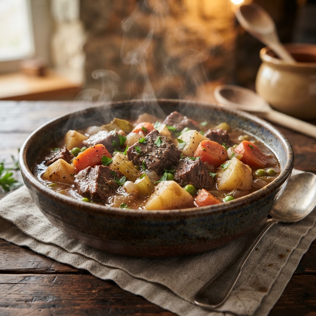 The finished result: a rich, hearty bowl of beef stew perfect for a cold evening.