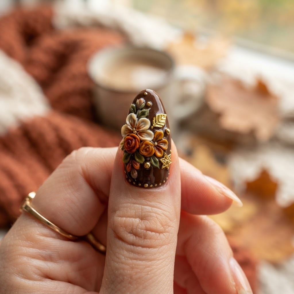 Close-up of 3D gel flower and gold charm details on trendy brown press-ons.