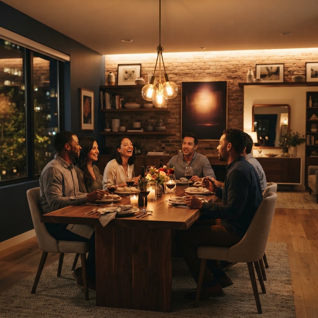 Strategic placement of pendants and accent lights creates a welcoming dining space.