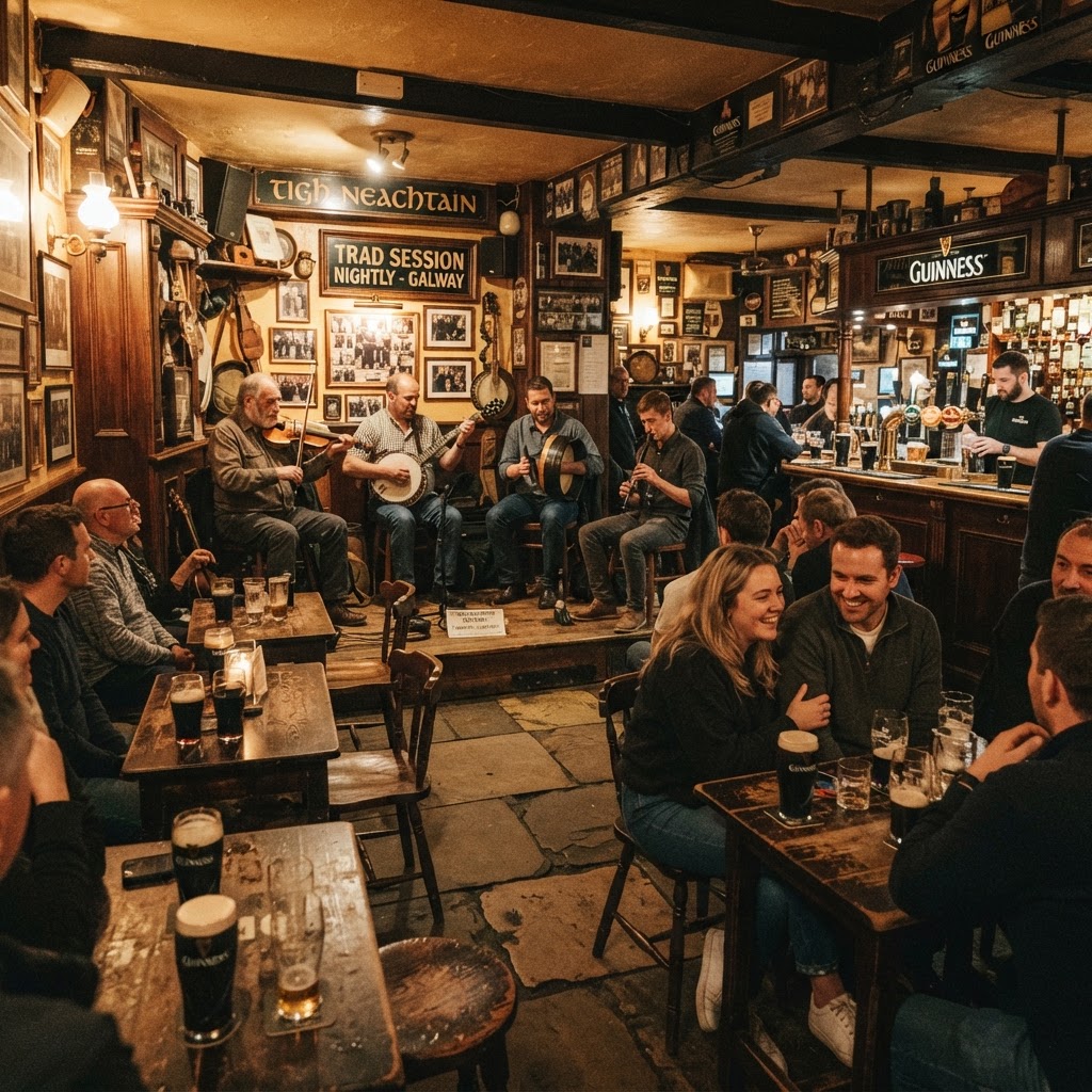 The vibrant and welcoming interior of a traditional Galway City bar, perfect for an evening of live music.