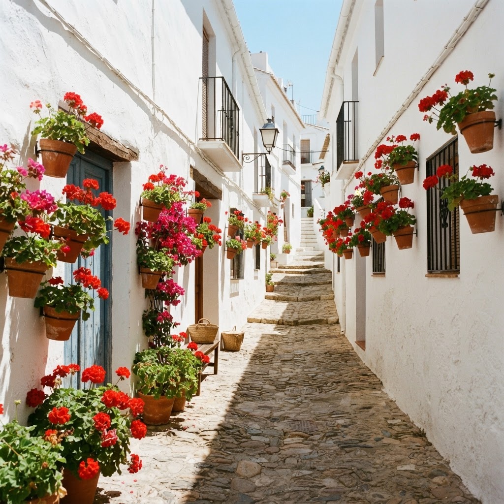 Traditional narrow streets filled with flowers in the Pueblos Blancos.