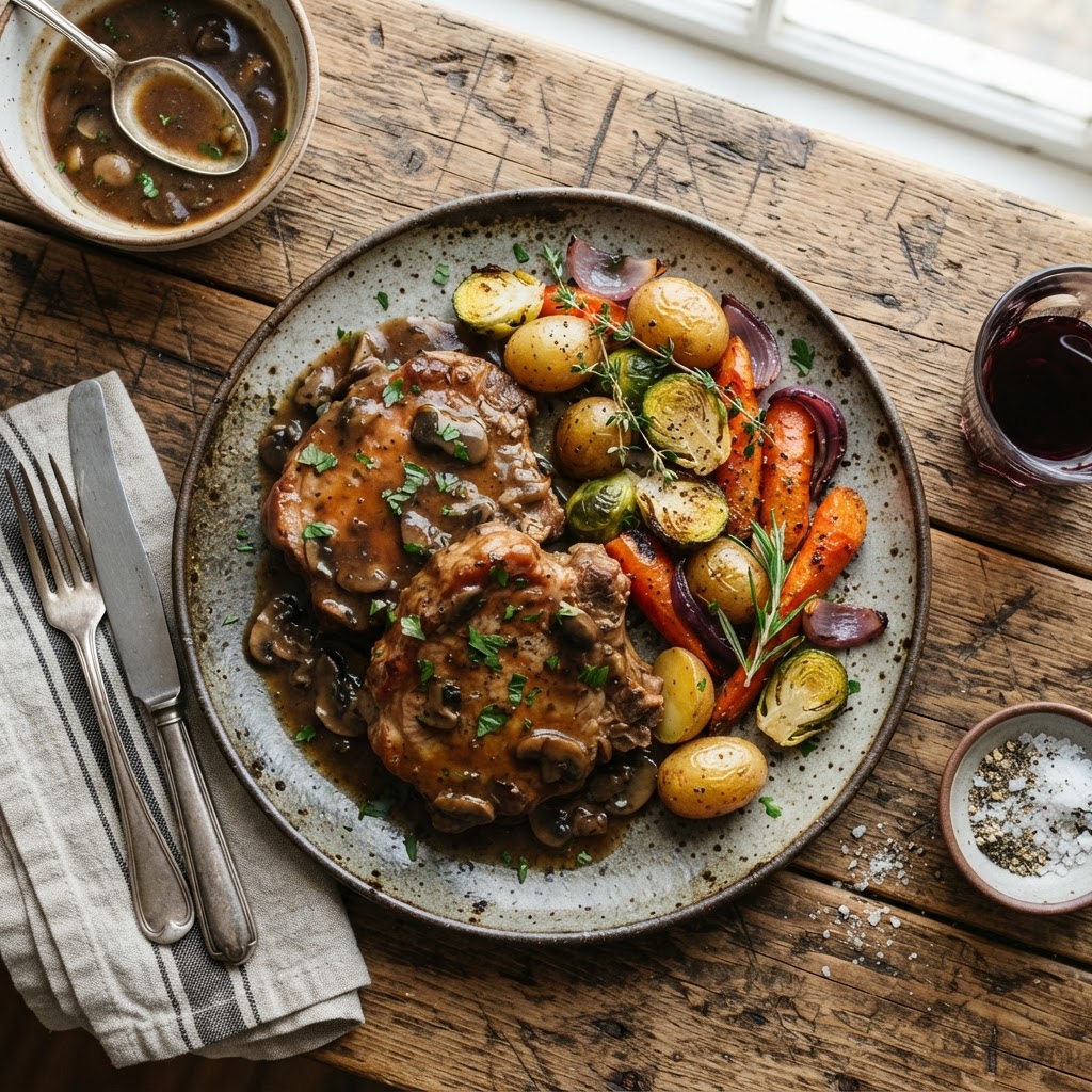 The perfect finished plate of crockpot pork chops served with seasonal sides.