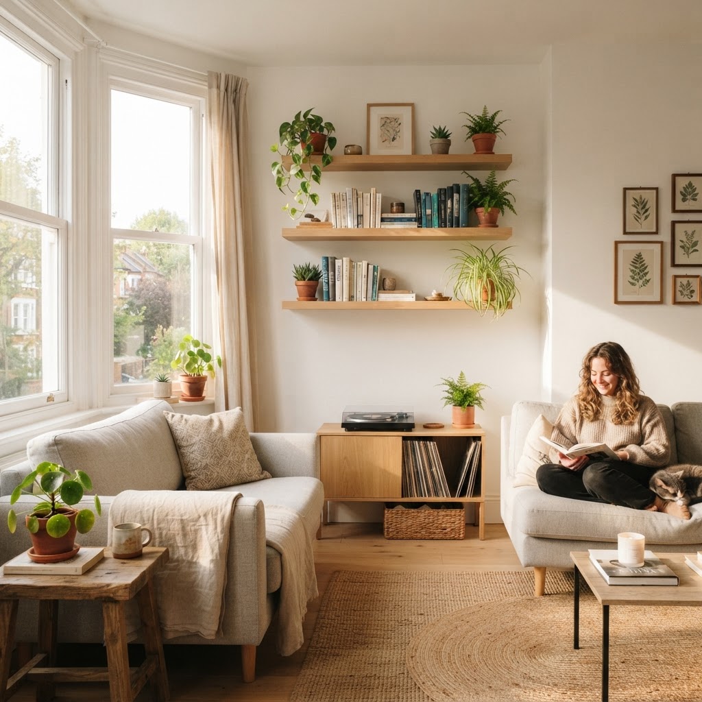 Utilize vertical wall space with floating shelves to keep clutter off your floors.