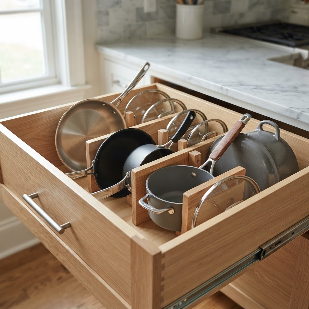Vertical organization in drawers prevents clutter and protects cookware.