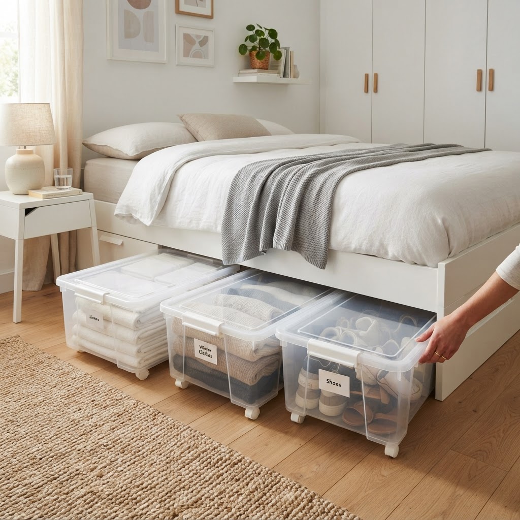 Utilize under-bed storage for seasonal clothing and extra linens.