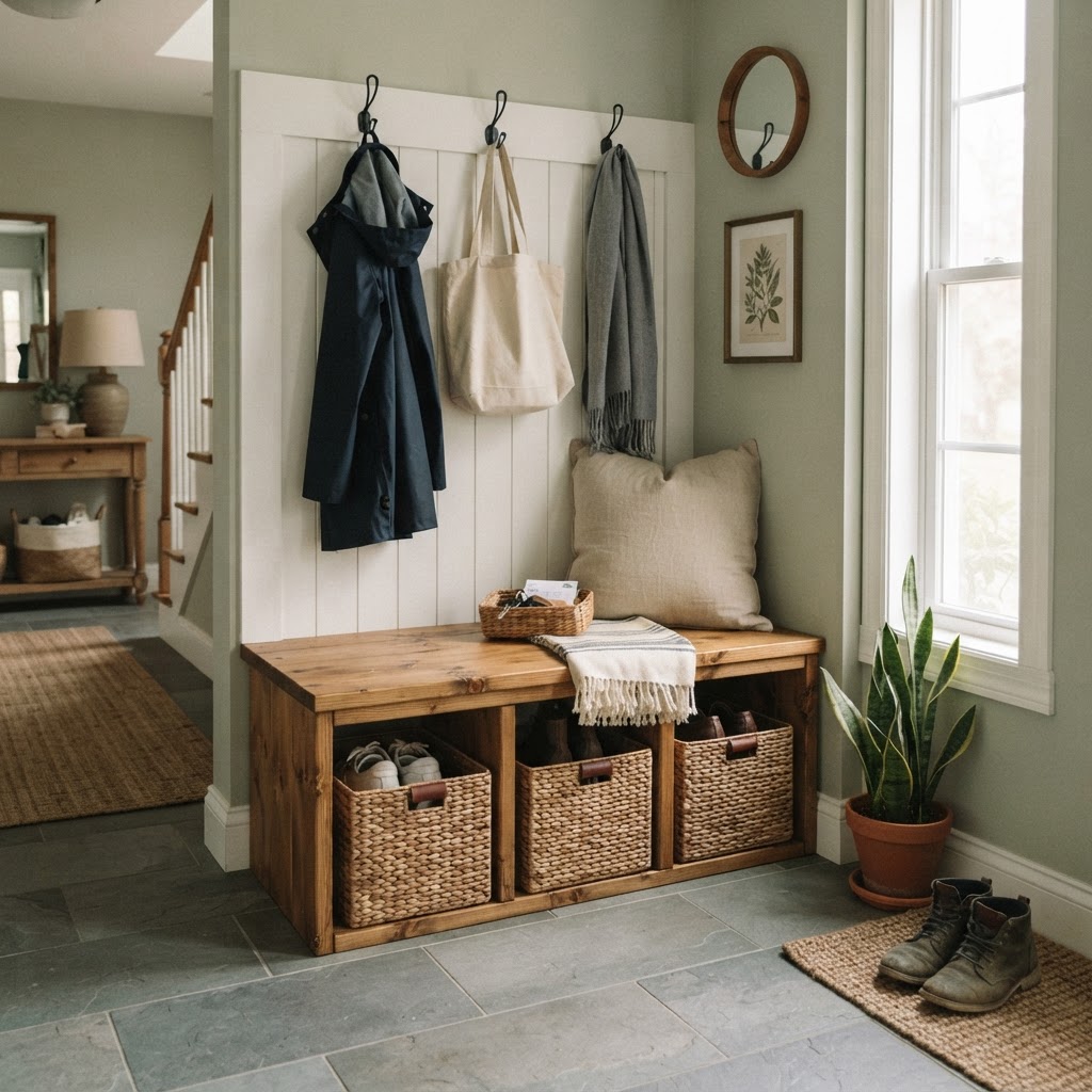 A simple DIY bench provides both seating and hidden shoe storage.