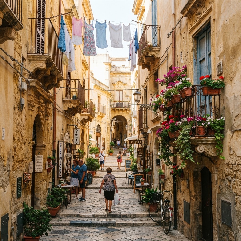 The historic, sun-drenched streets of Ortigia in Siracusa.