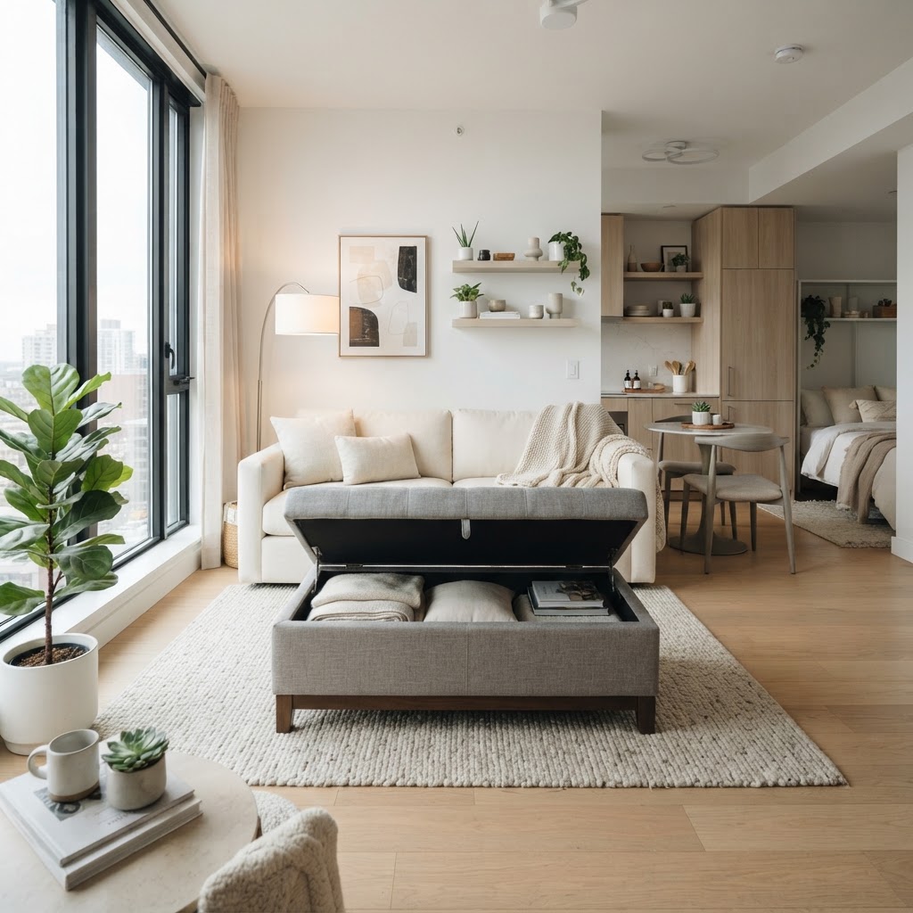 A stylish ottoman that provides hidden storage while acting as a footrest.