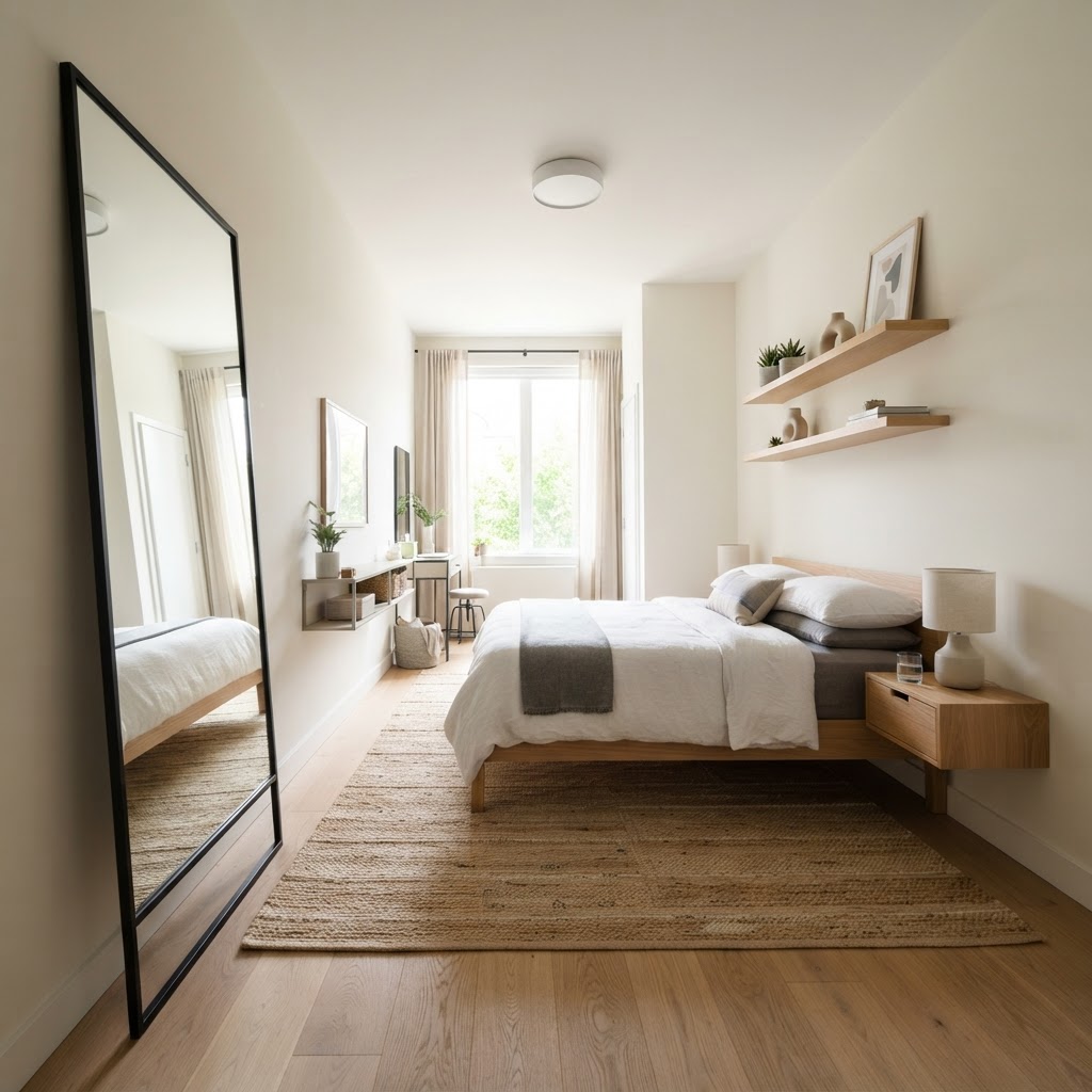 Using horizontal elements to make a narrow room feel wider.