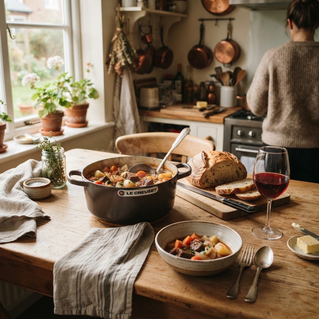 Hearty beef stew dinner served with fresh bread.
