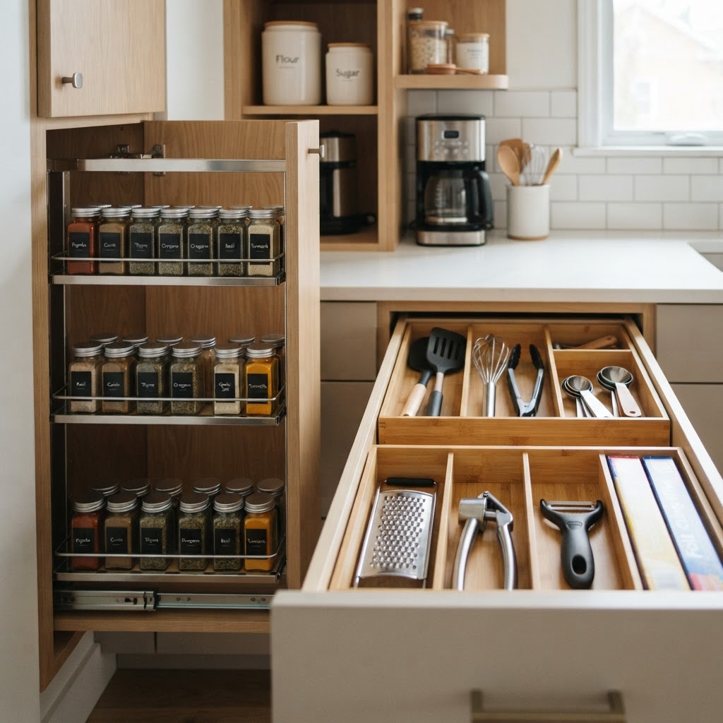 Hidden storage is the secret to a high-end feel.