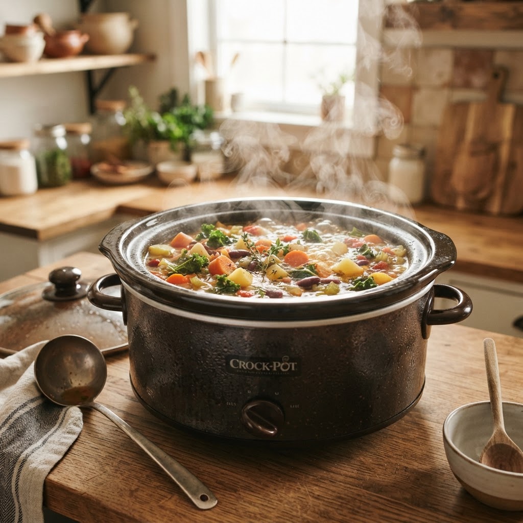 A steaming bowl of vegetable soup fresh from the slow cooker.