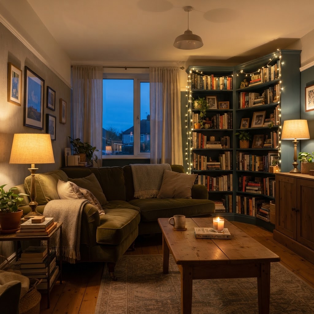 Strategic use of lamps and fairy lights creates a warm, layered atmosphere.