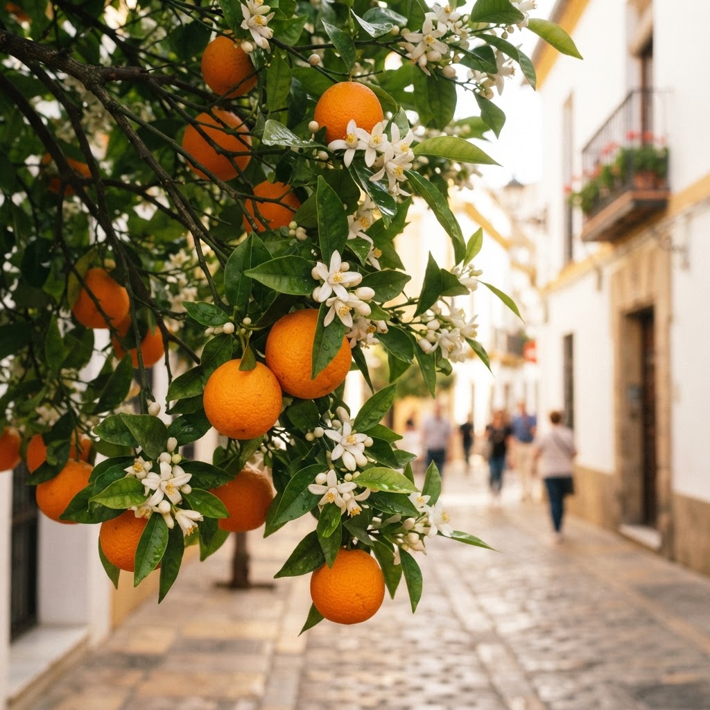 Close-up of vibrant bitter oranges against the backdrop of Seville.