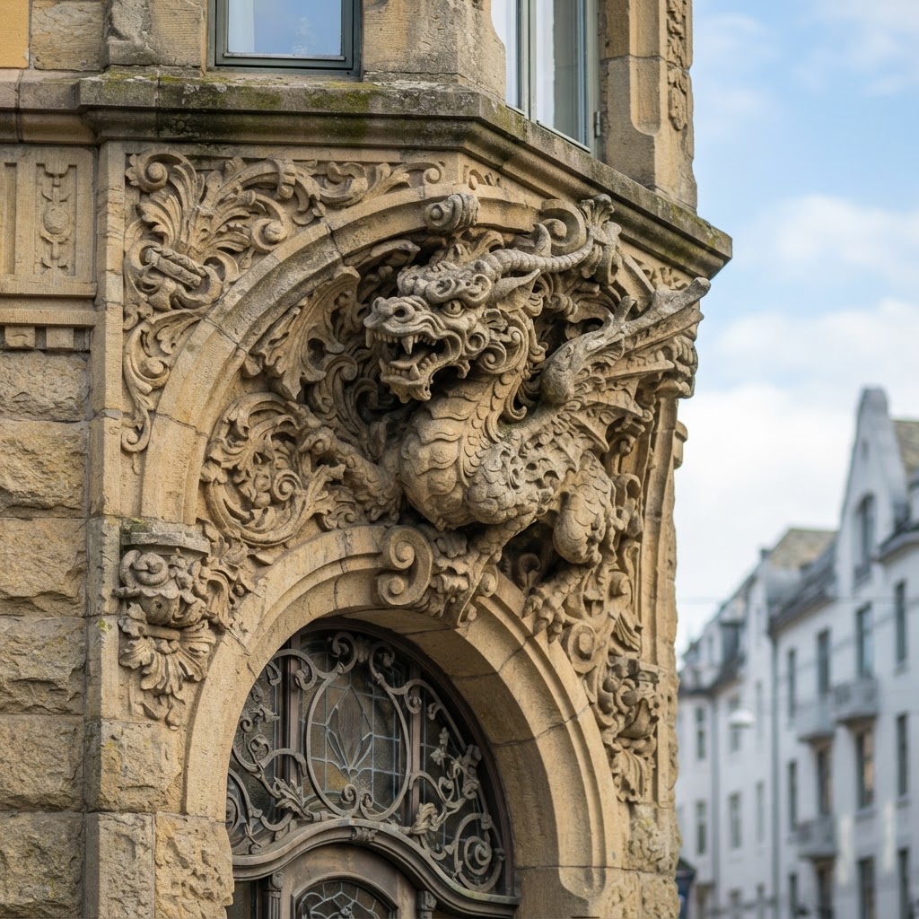 Intricate Art Nouveau detailing on a local building.