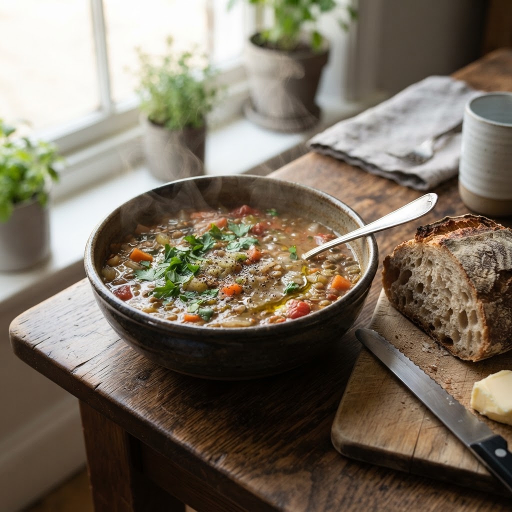 A cozy bowl of slow cooker lentil soup served with bread.