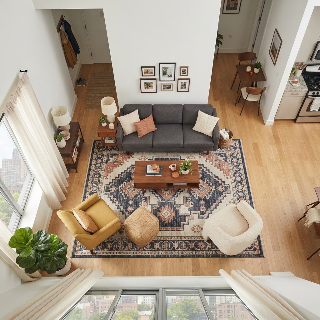 A large area rug is essential for defining your living space.