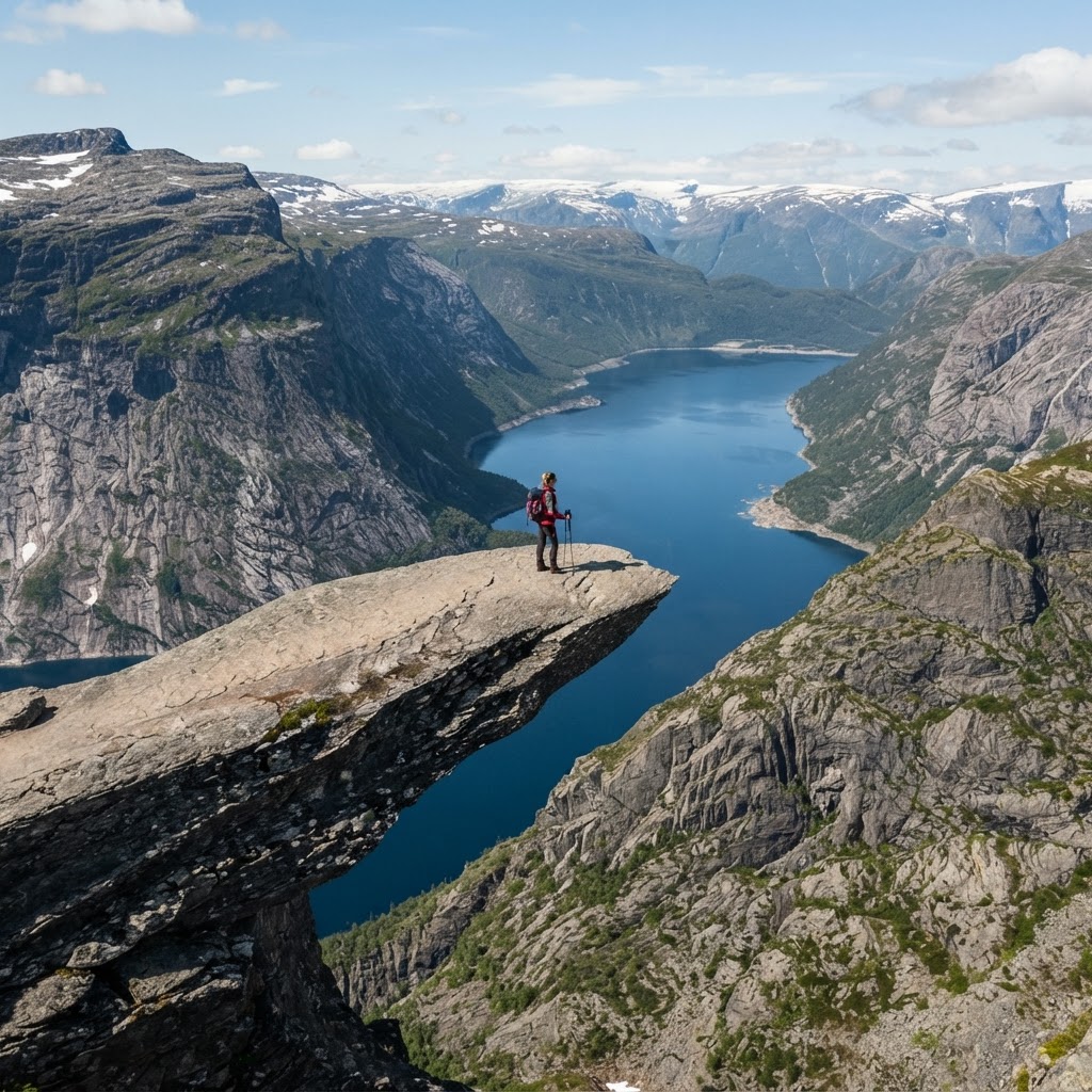 Standing on the Edge of Trolltunga: Ultimate Guide 4 A hiker pauses to take in the panoramic views of the Norwegian mountains.