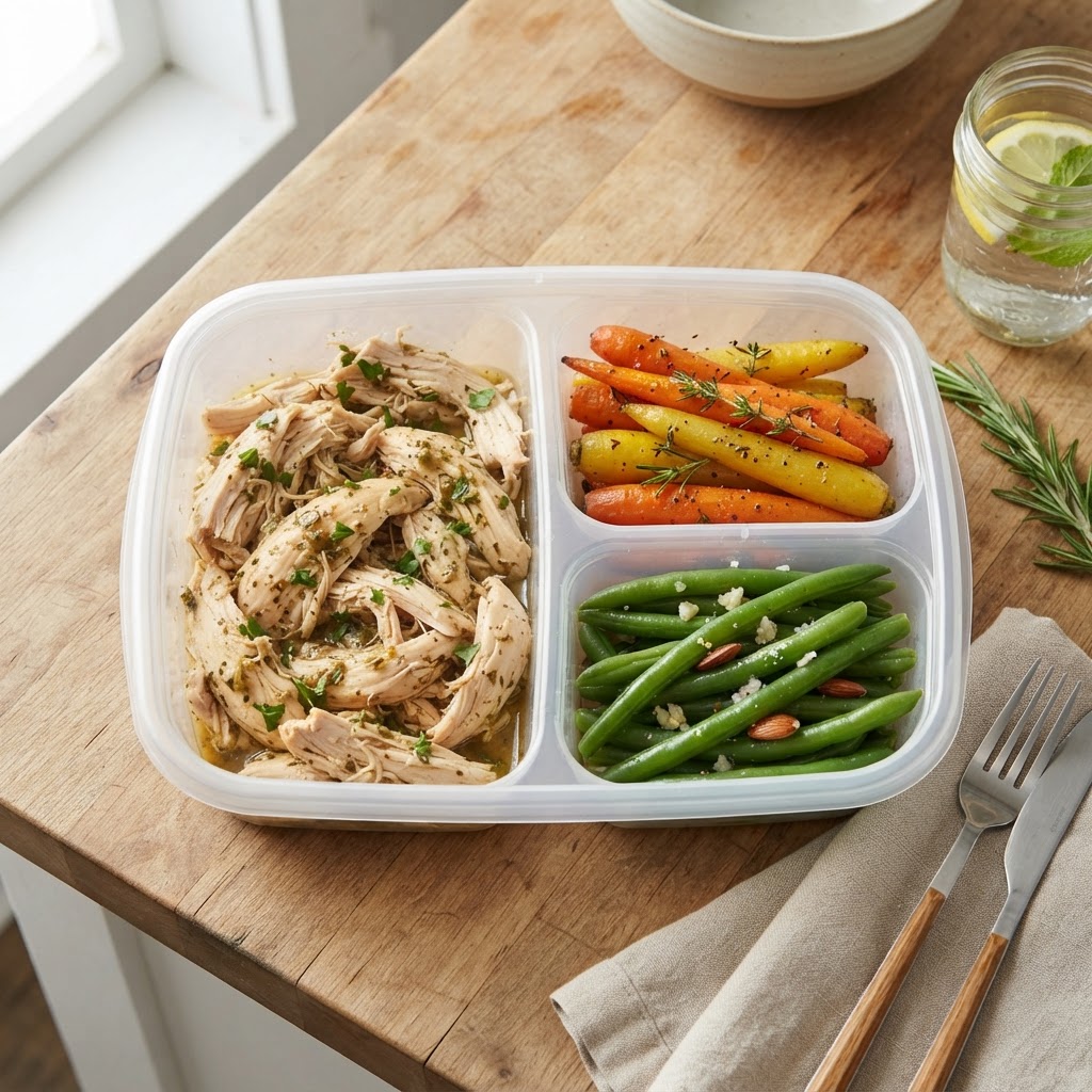 Healthy chicken meal prep using slow-cooked chicken breasts.