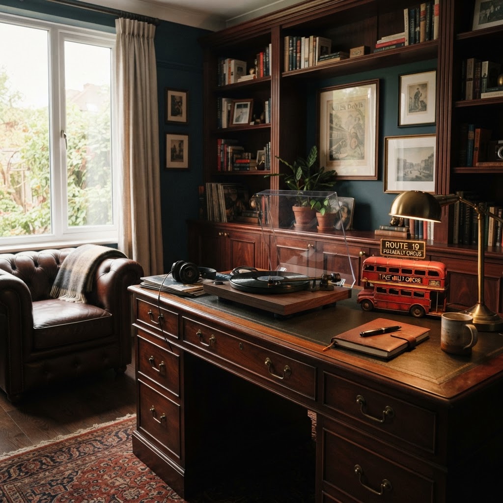Dark wood and classic accents define the vintage vibe.