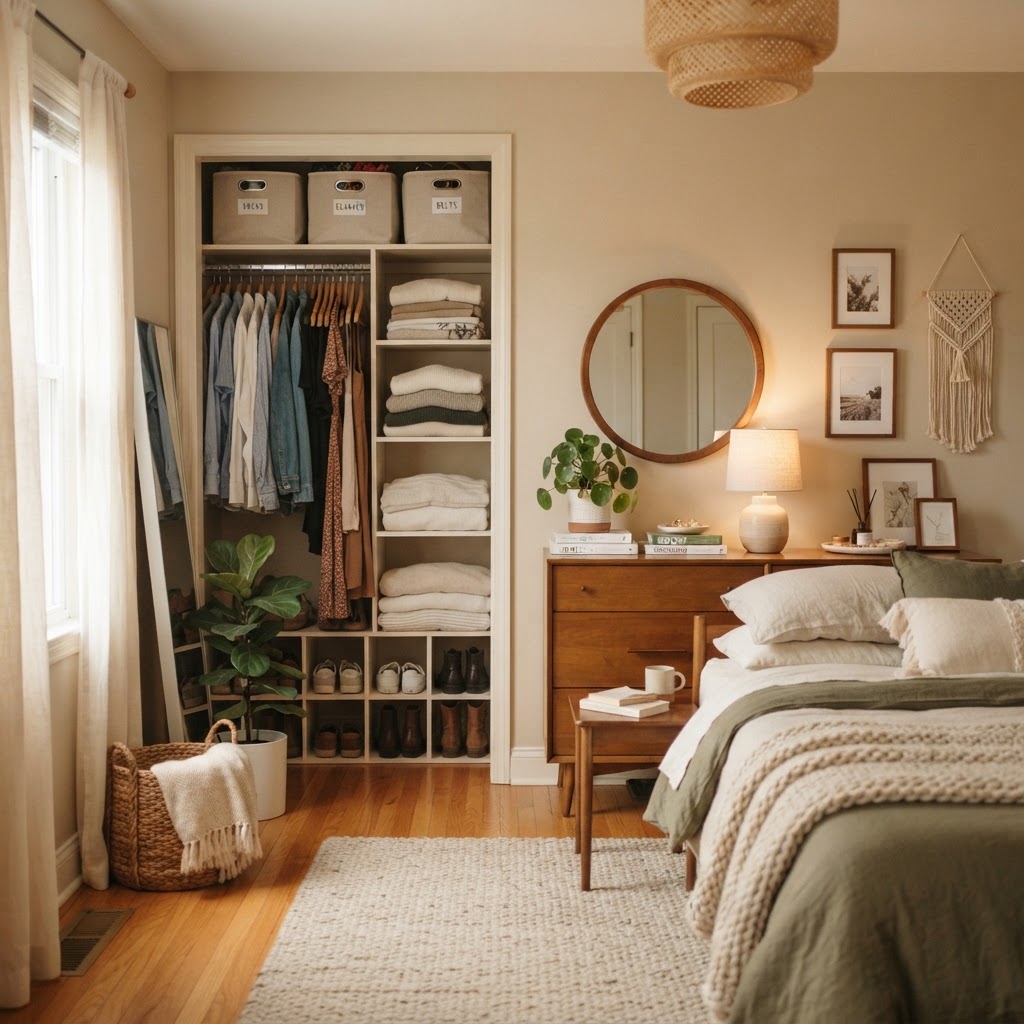 Thoughtful organization helps a small bedroom feel expensive.