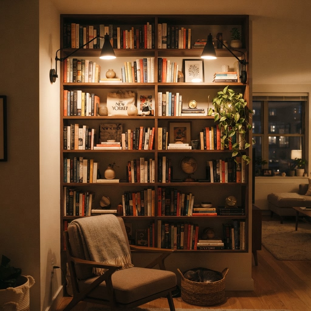 Wall sconces turn your bookshelf into a functional and stylish focal point.
