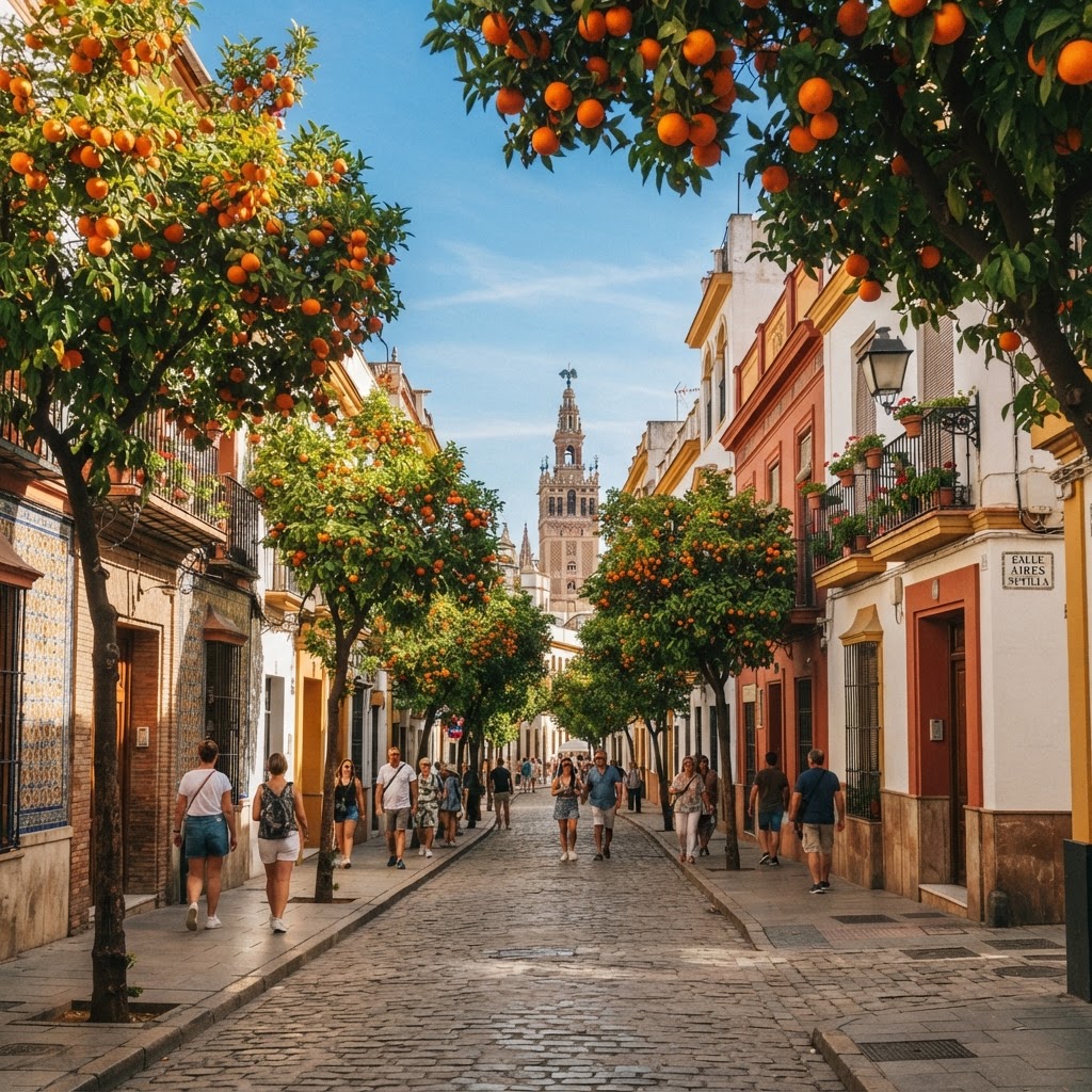 The iconic orange trees lining the streets of Seville in winter.