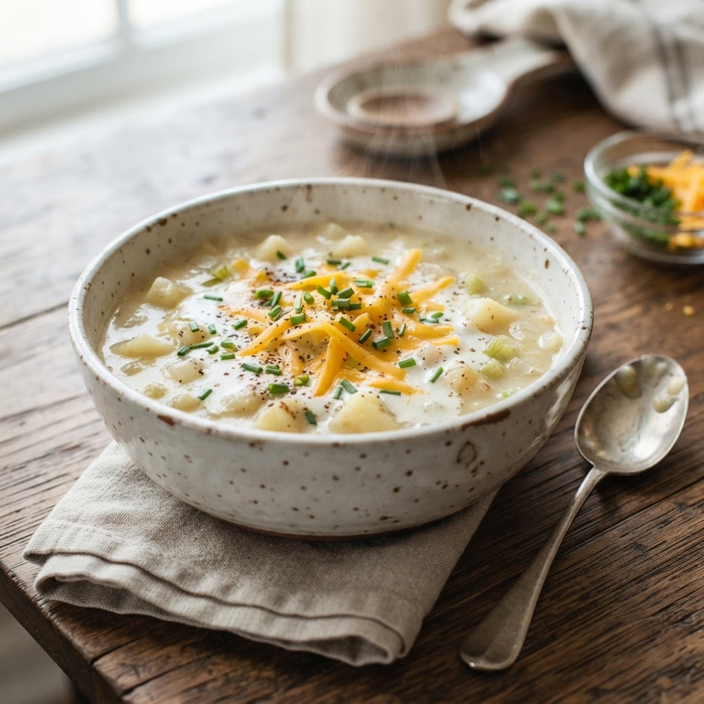 Delicious and creamy slow cooker potato soup garnished for perfection.