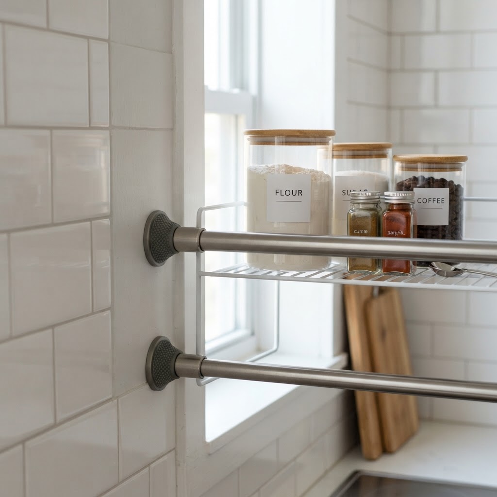 Tension rods create custom shelving in awkward alcoves.