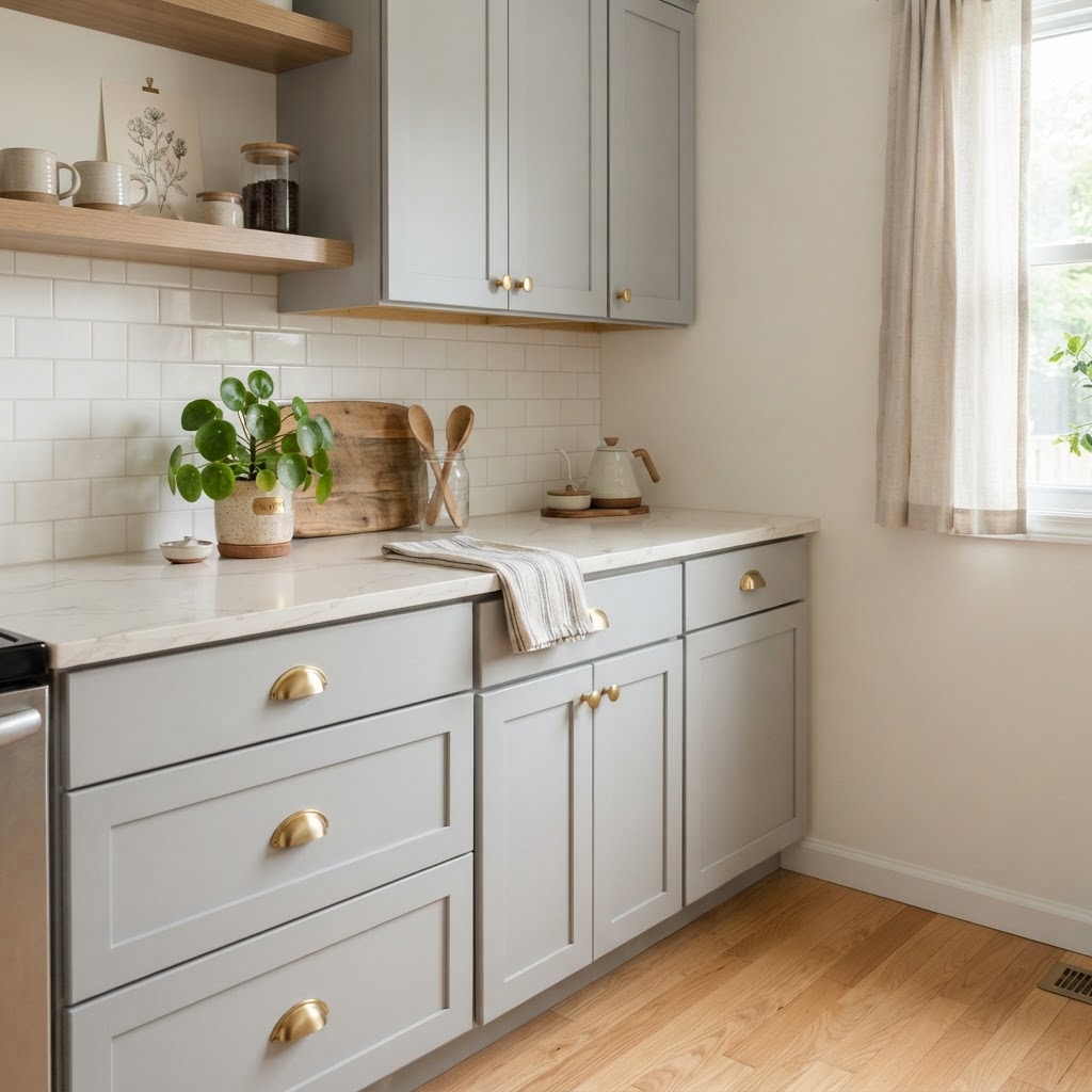 Removable vinyl wrap gives outdated kitchen cabinets a modern, high-end look.