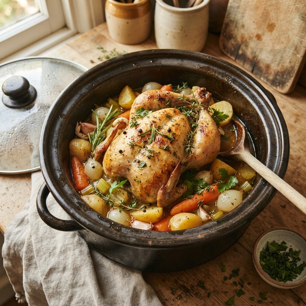 A perfectly cooked, juicy whole slow cooker chicken ready for serving.