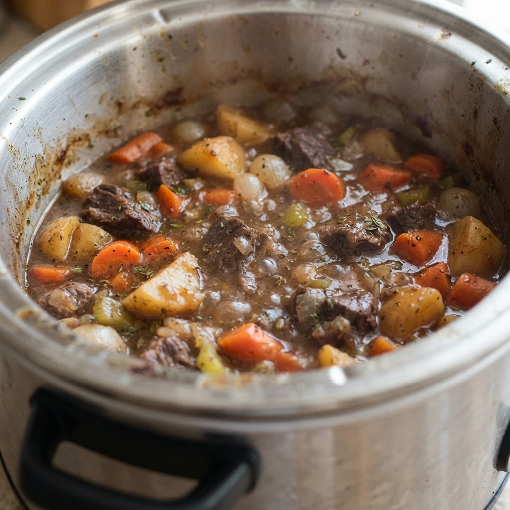 The rich texture of a perfectly cooked slow cooker beef stew.