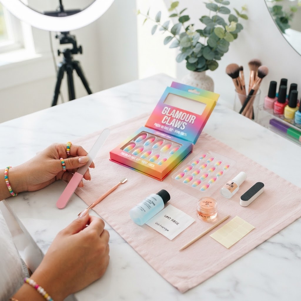 Essential tools for a perfect and long-lasting press-on nail application.
