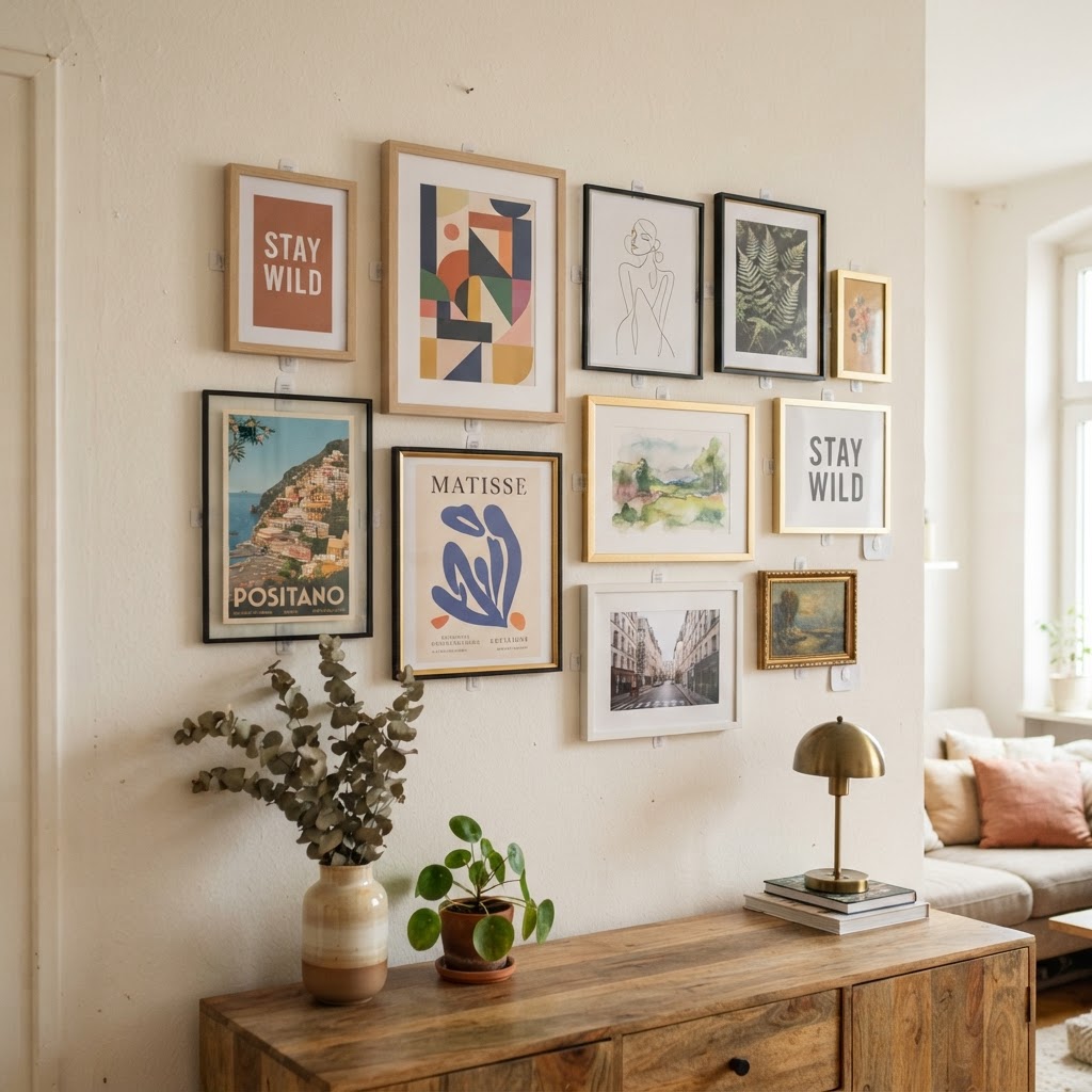 Create a custom gallery wall using removable adhesive strips.
