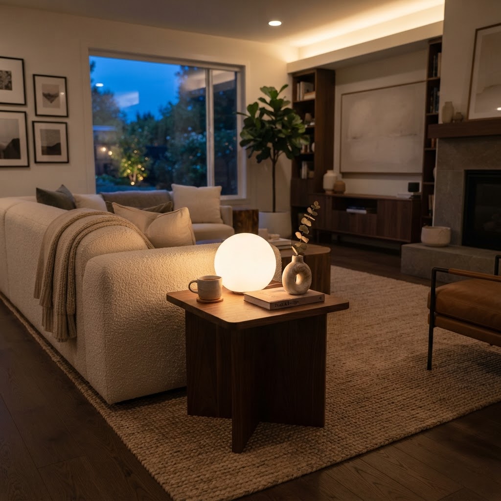 A minimalist glow lamp creates an inviting focal point.