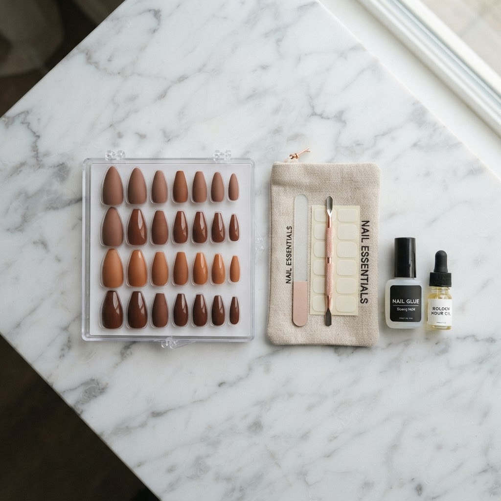 Essential tools for a professional DIY press-on manicure.