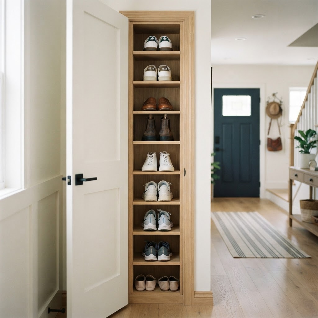 Custom shelving tucked behind the door keeps footwear perfectly concealed.