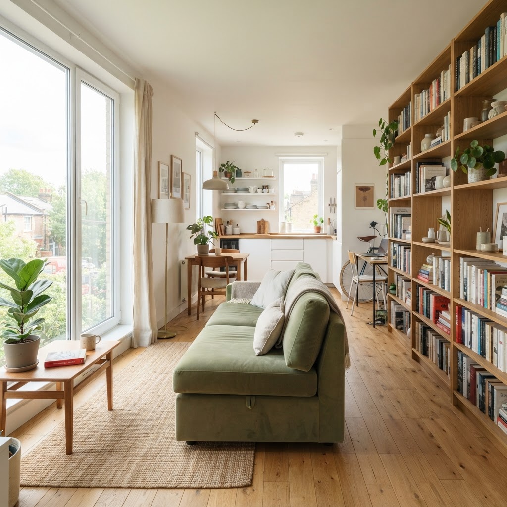 A bright, airy studio apartment featuring a minimalist sofa and floor-to-ceiling storage.