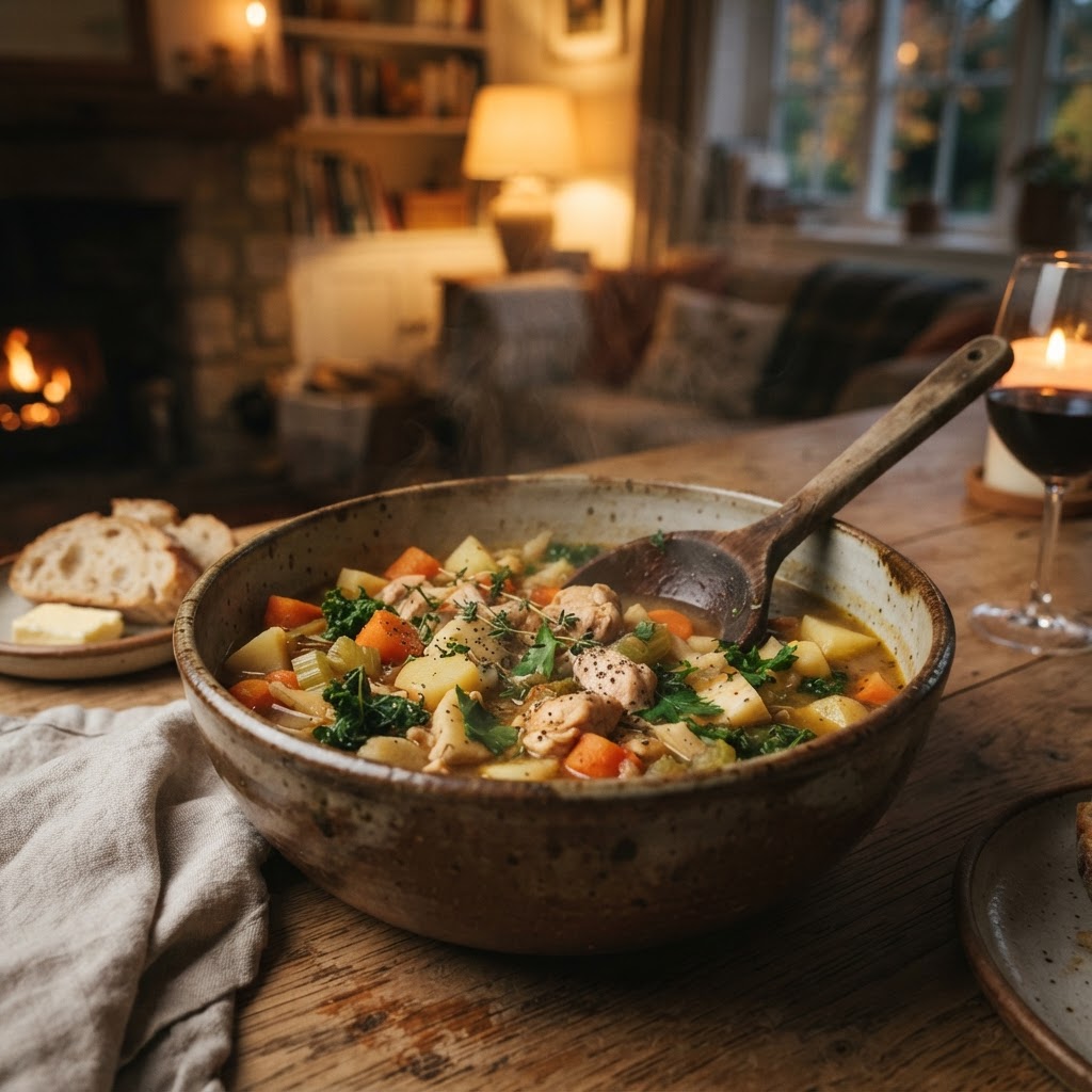 Traditional, nourishing chicken stew made in a slow cooker.