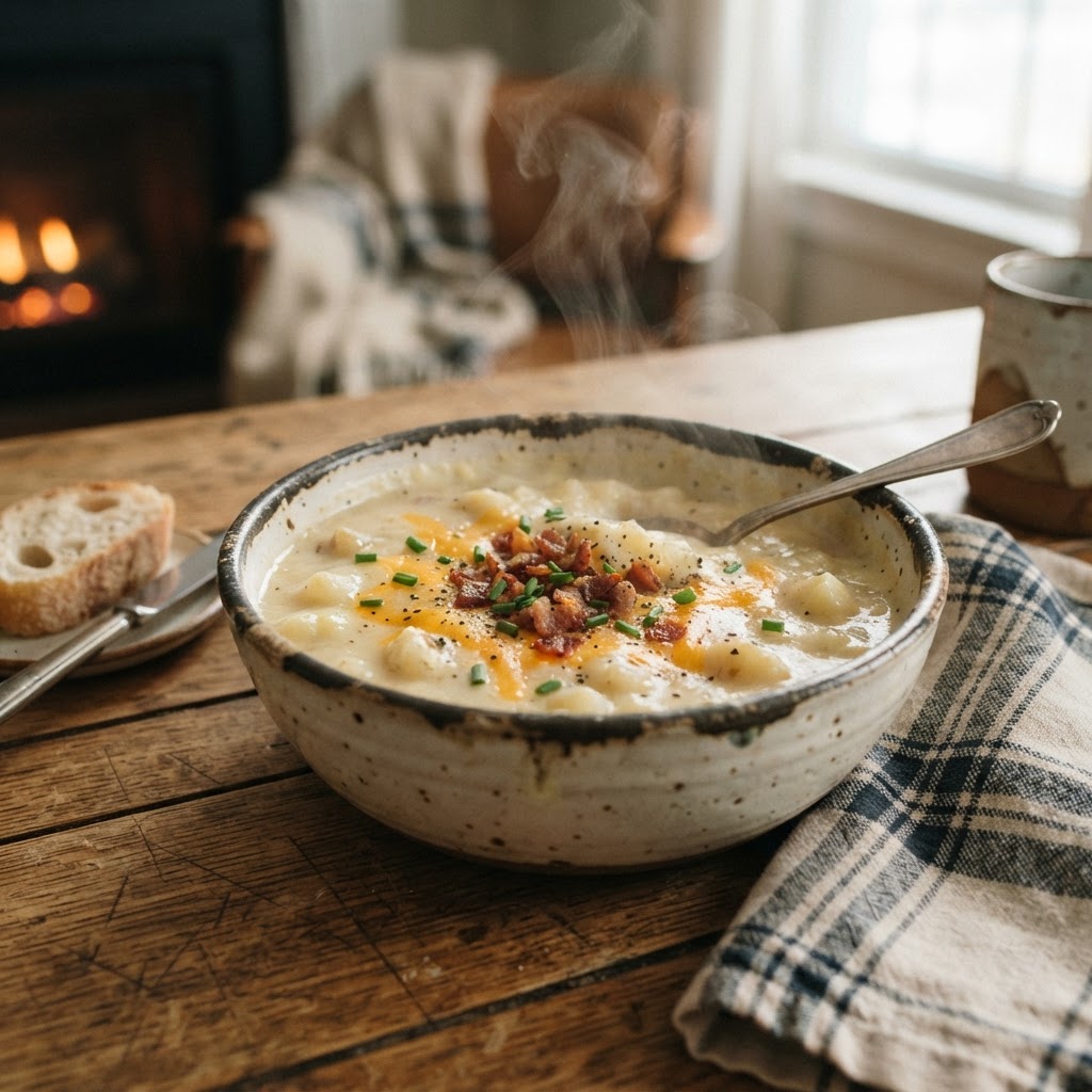 A bowl of delicious, creamy slow cooker potato soup topped with garnishes.