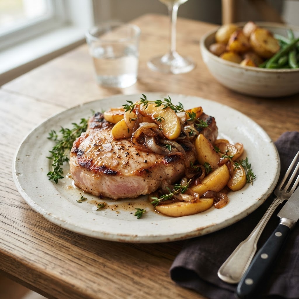 Perfectly tender pork chops served with a savory apple glaze.