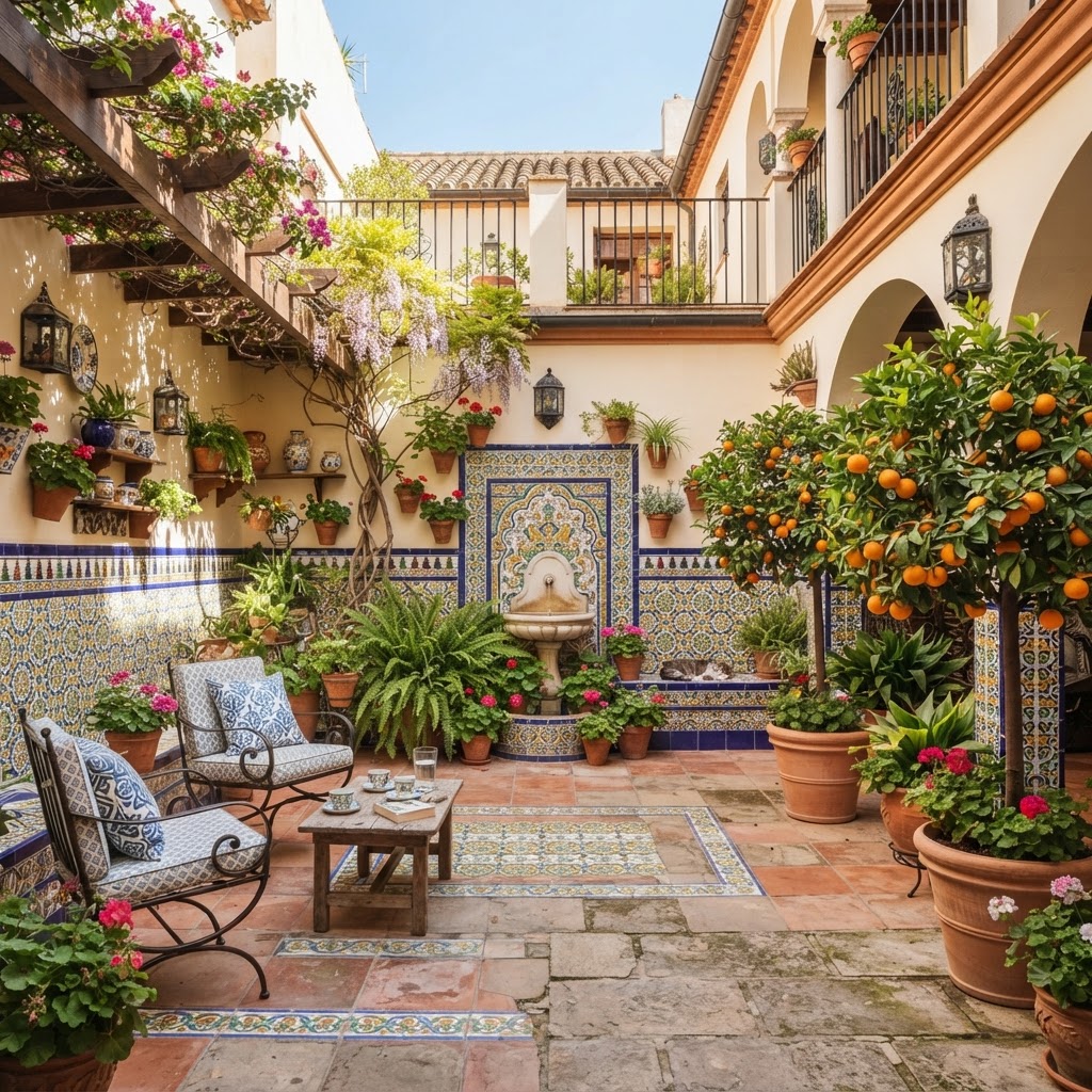 Seville Oranges & Tiles: Spanish Home Style 2 A quintessential Spanish patio blending the fragrance of Seville oranges with the artistry of azulejo tiles.