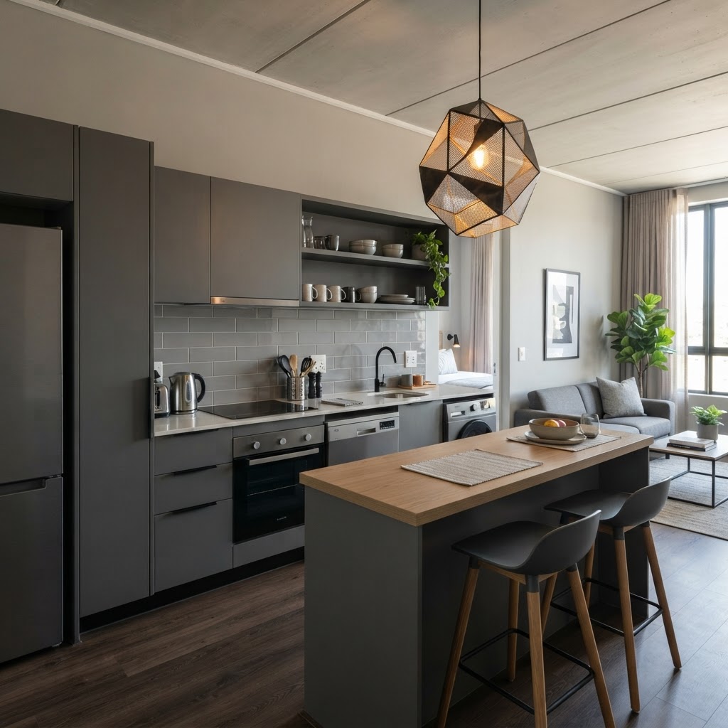 Integrated appliances keep the look sleek and uncluttered in a compact space.