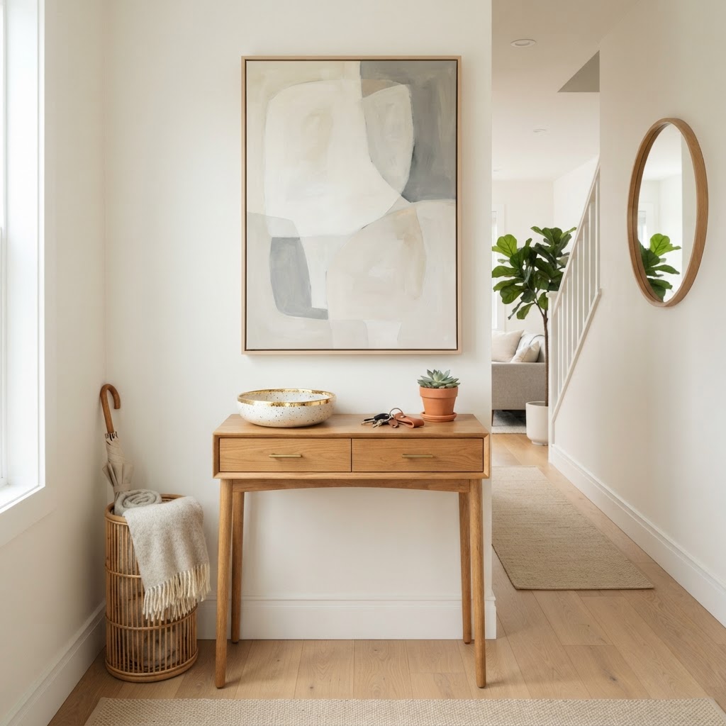 Strategic use of light and minimal furniture makes this narrow entryway feel open and inviting.