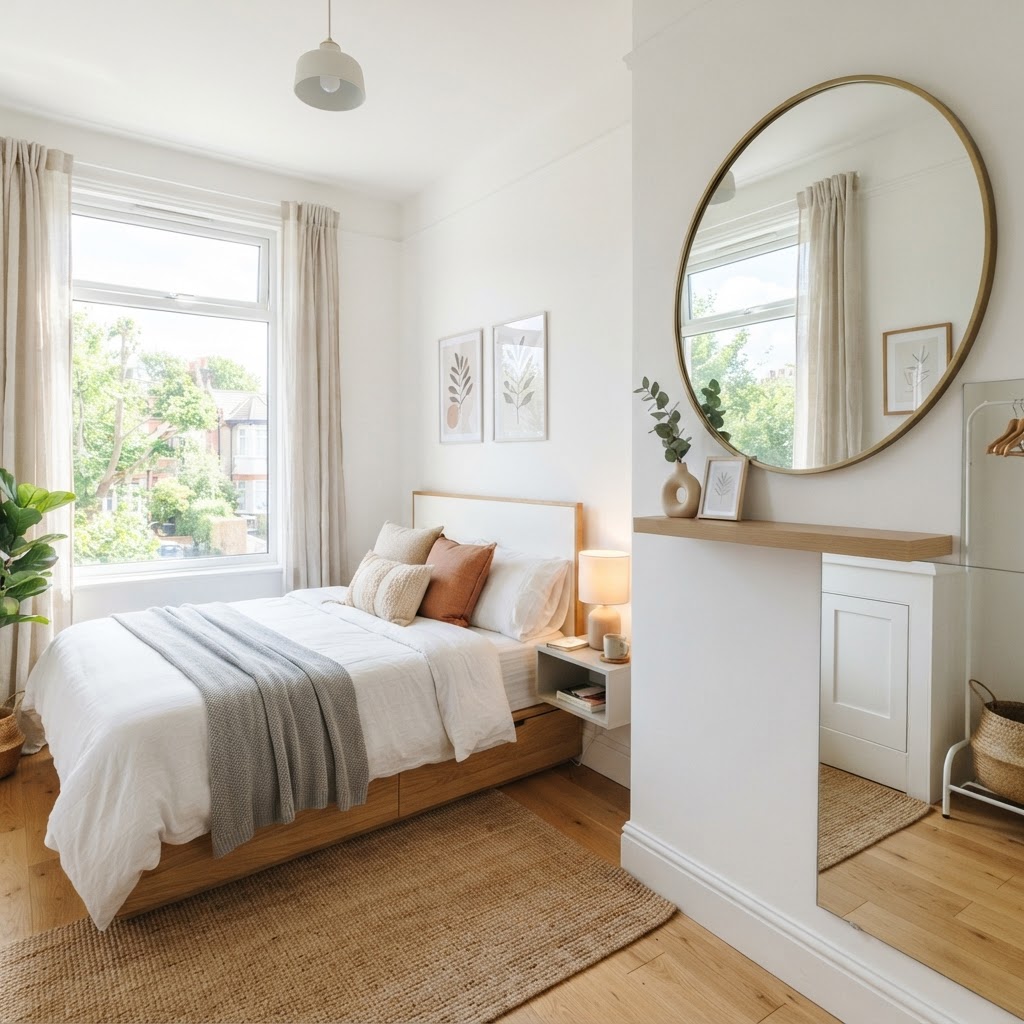 Large mirrors are essential for reflecting light and making a small room look larger.