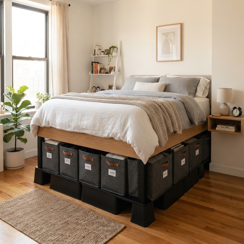 Utilizing labeled fabric bins keeps seasonal items out of sight.