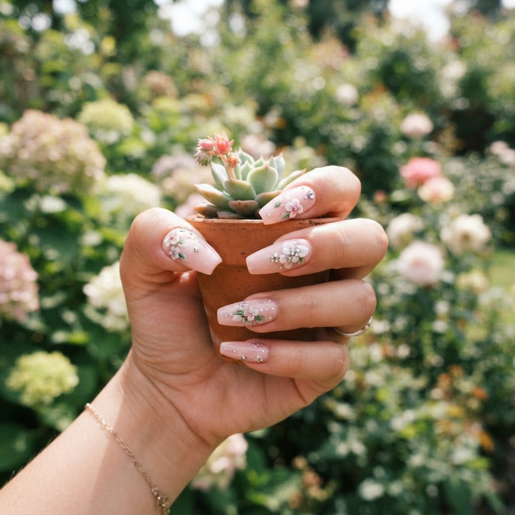 Stunning long coffin nails featuring 3D floral artistry.